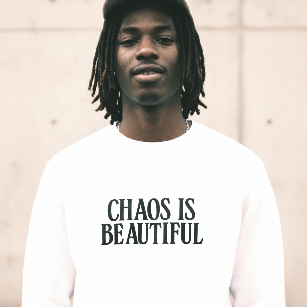 Man wearing a white sweatshirt with black text chaos is beautiful in a minimal urban style