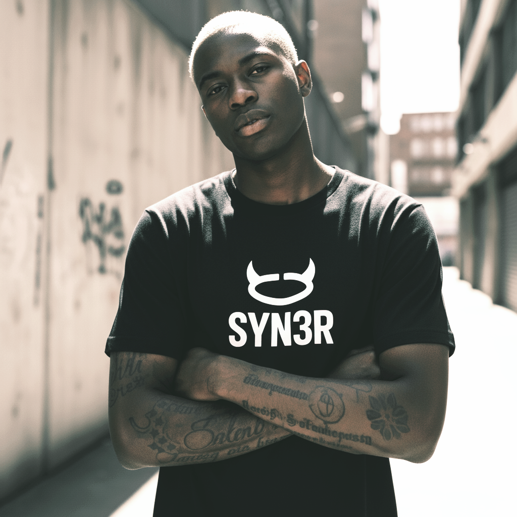 Man wearing black SYN3R t-shirt with bold logo standing confidently in urban alley